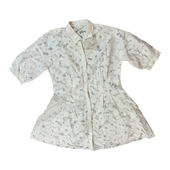 Club Monaco Patterned Sculptural Sleeve Dress Floral Button Front Puff Sleeve 14 - Picture 2 of 5